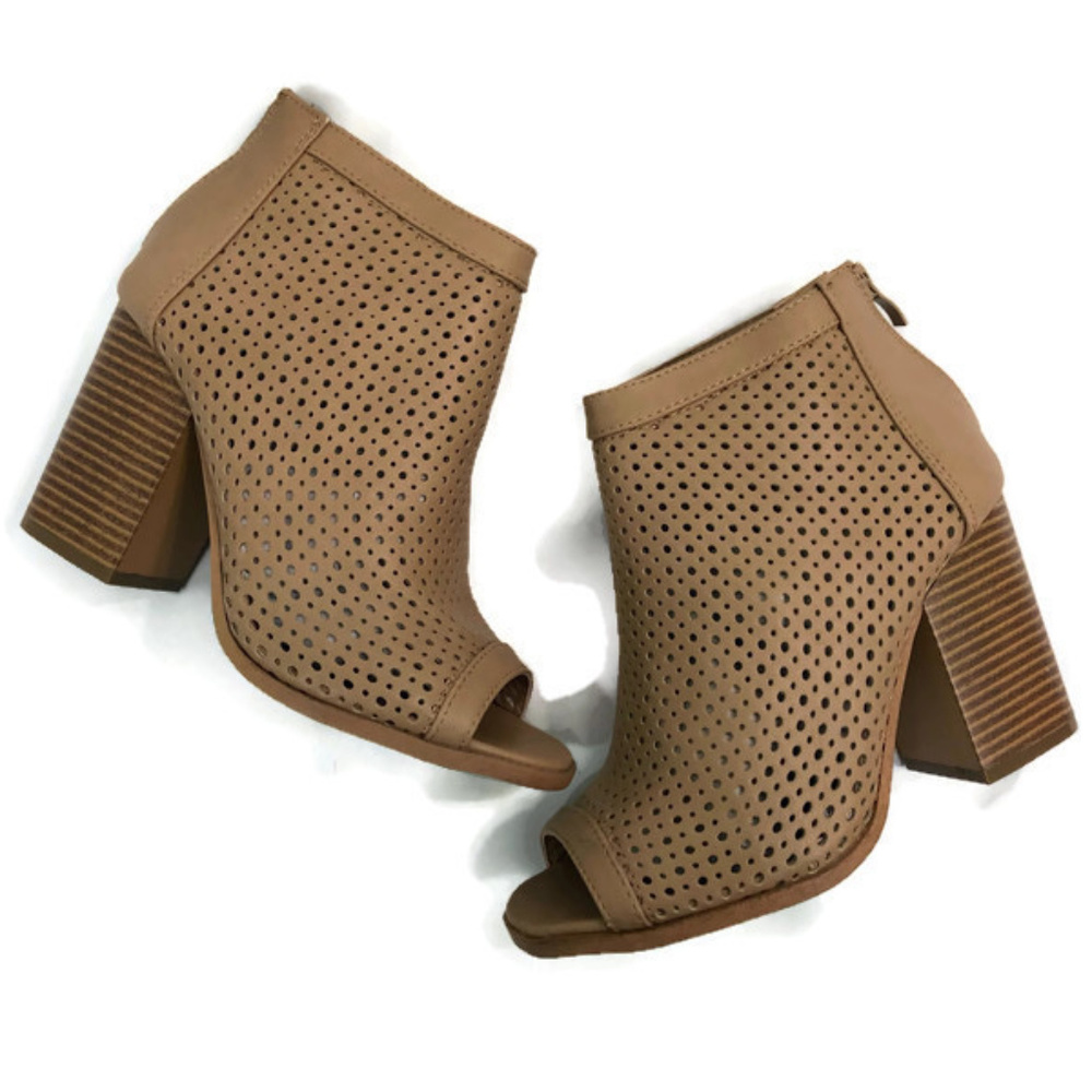 Faux Leather Perforated Open Toe Ankle Boots NEW